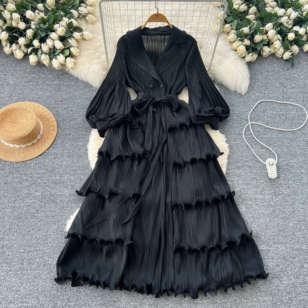 2025 new elegant spring dress: high-end vintage collar lantern sleeve ruched waist ruffle pleated dress for women
