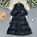 2025 new elegant spring dress: high-end vintage collar lantern sleeve ruched waist ruffle pleated dress for women