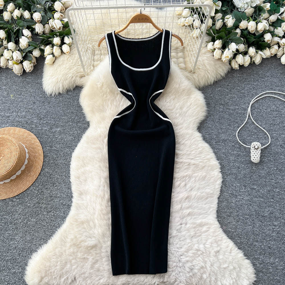 Xiaoxiangfengclassy contrast colorbows strappy long sleevesdress women's metal buckle waist slimming lookknitting short skirt