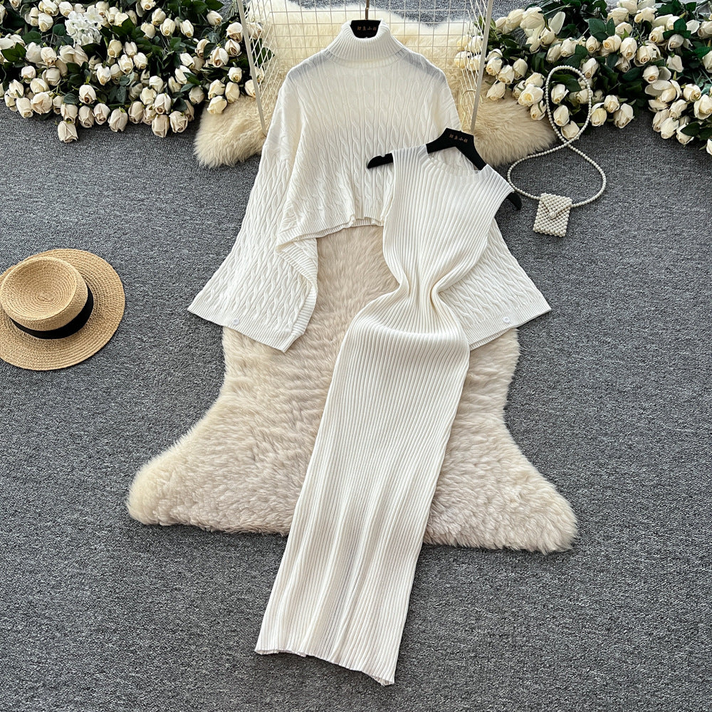 Loosecasual lazy style high collar bat sleeve cable stitchknitting blouse with sleeveless waist vest dress