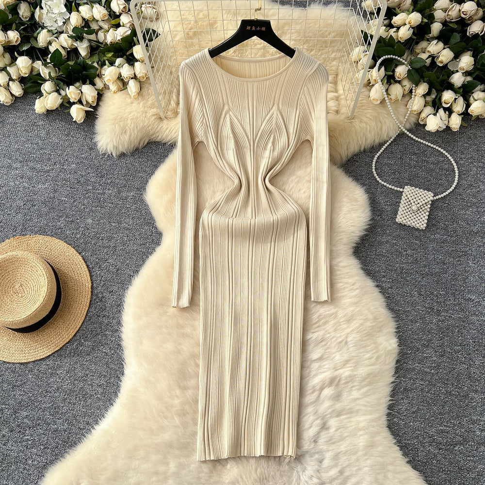 European and american style minimalist sexy ribbed bodycon knit dress - autumn solid color basic skirt - pencil skirt for women