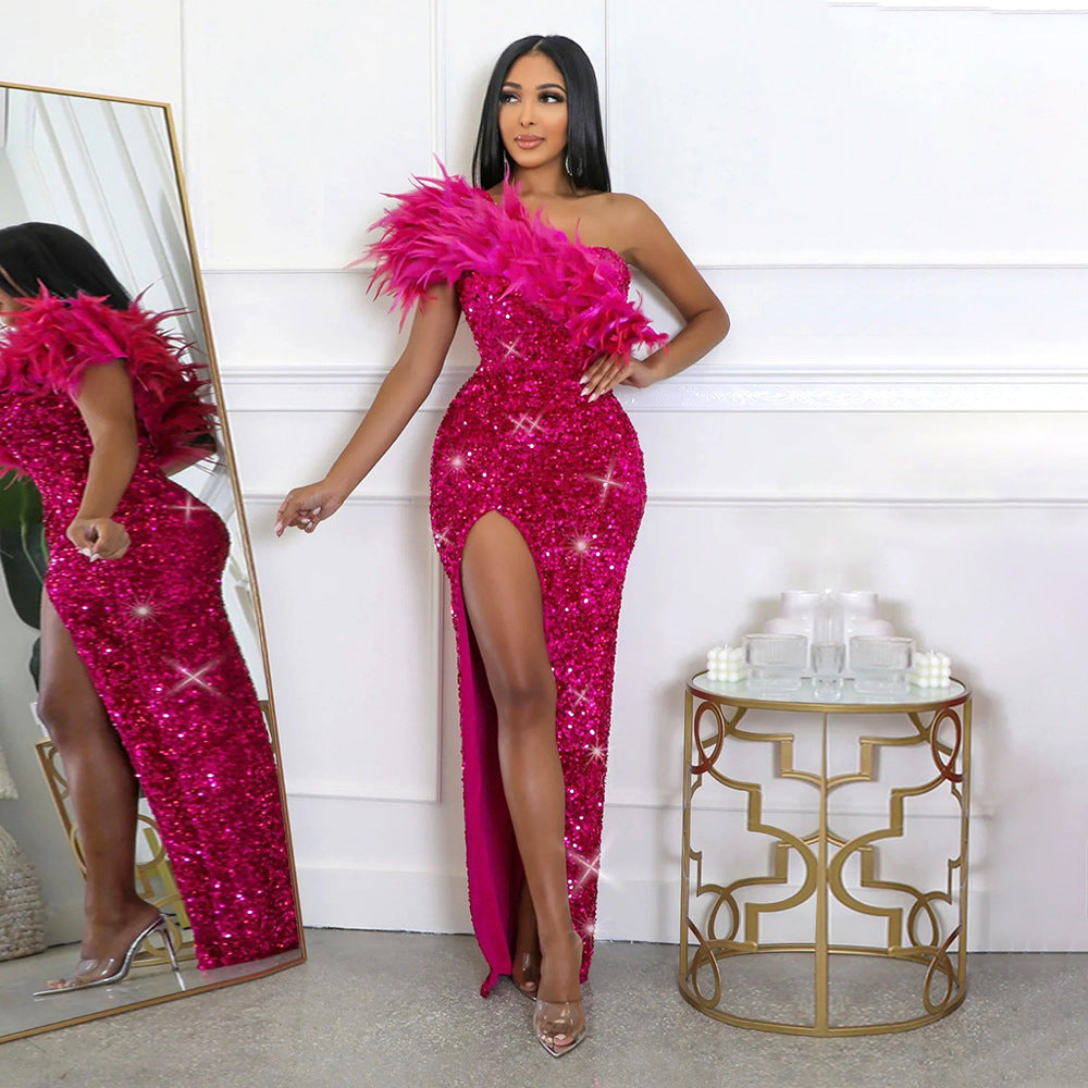 C8591  foreign trade women's summer sexy fashion feather asymmetrical neckline banquet dress sequin slit maxi dress