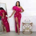 C8591  foreign trade women's summer sexy fashion feather asymmetrical neckline banquet dress sequin slit maxi dress