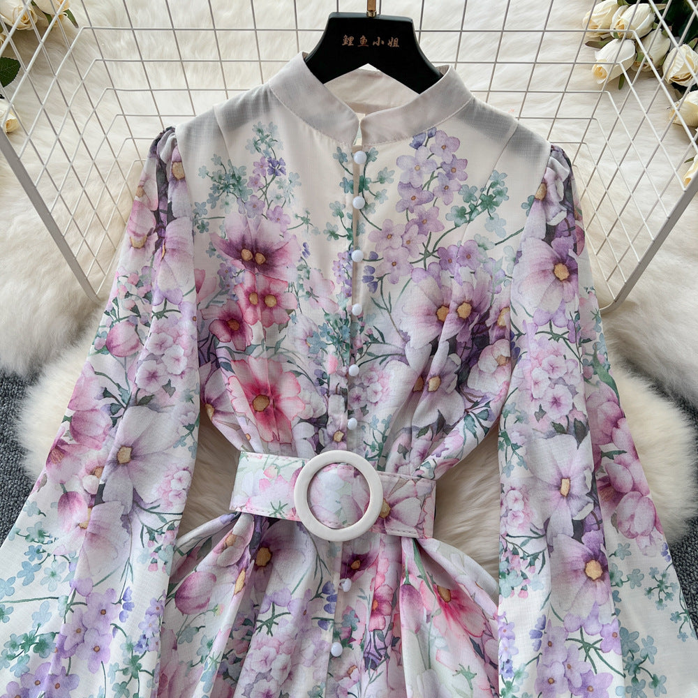 Super fairy seaside vacation v neck floral dress women's summernew arrivaltie back waist large swing pleated fairy skirt