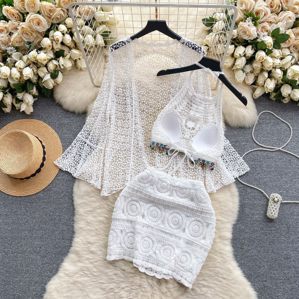 Beach outfit vacation style set for women - vintage crochet halter top + openwork cardigan + midi skirt three-piece set