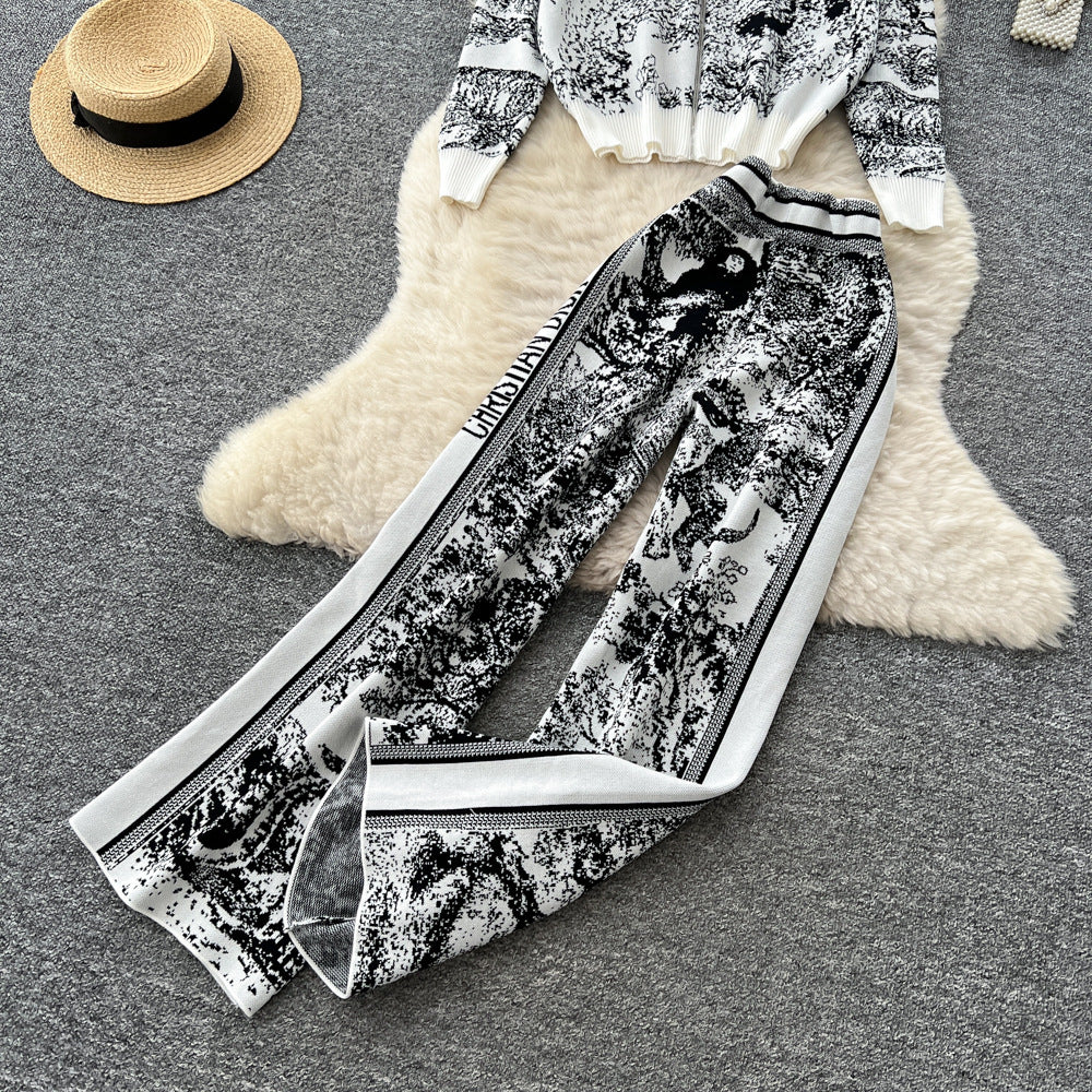 European and american fashion suit women's autumn and winter classy loosecasual hooded printingknittingoutwearhigh waistloose pants