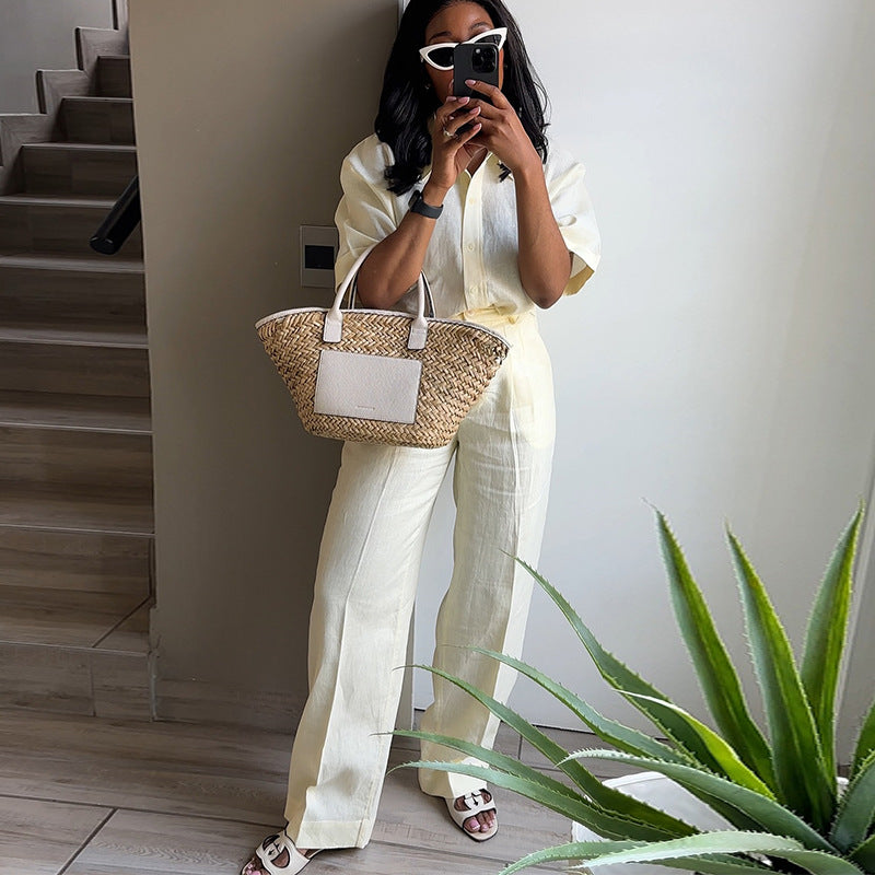 European and american cross-border women's fashion  autumn/winter new collection: stylish turn-down collar solid color short-sleeve shirt and wide-leg casual pants set
