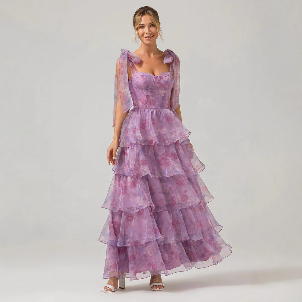 spring/summer new european and american sleeveless fashion floral camisole off-the-shoulder tie-up maxi dress in organza