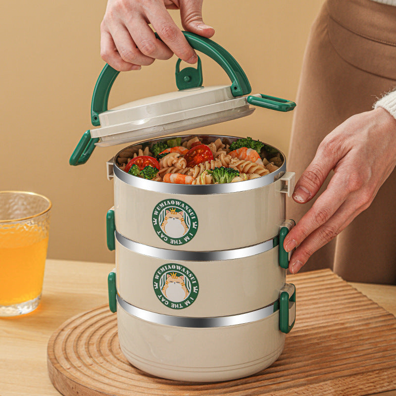 304 round bento box, stainless steel portable multi-layer thermal insulation lunch box, student cartoon grid lunch box gift