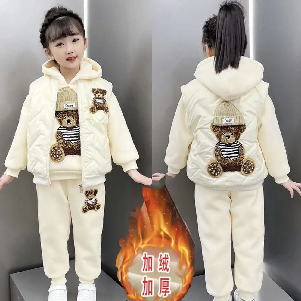Girls' fall/winter outfit set : stylish, fleece-lined, thickened kids' winter sweatshirt and vest three-piece set