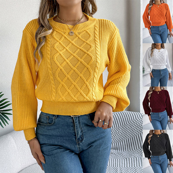 Real shot 2025 autumn and winter European and American solid color twist lantern long sleeve waist pullover sweater,   women's clothing