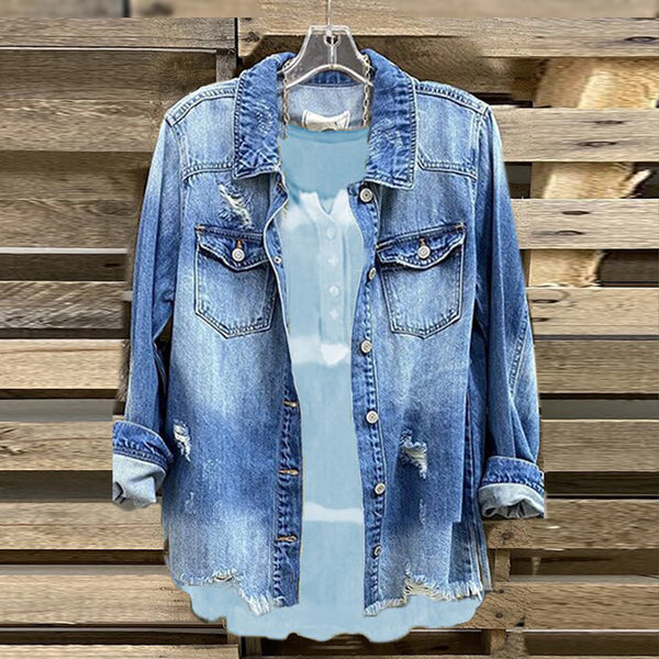 Ripped Holes Frayed Hem Denim Jacket