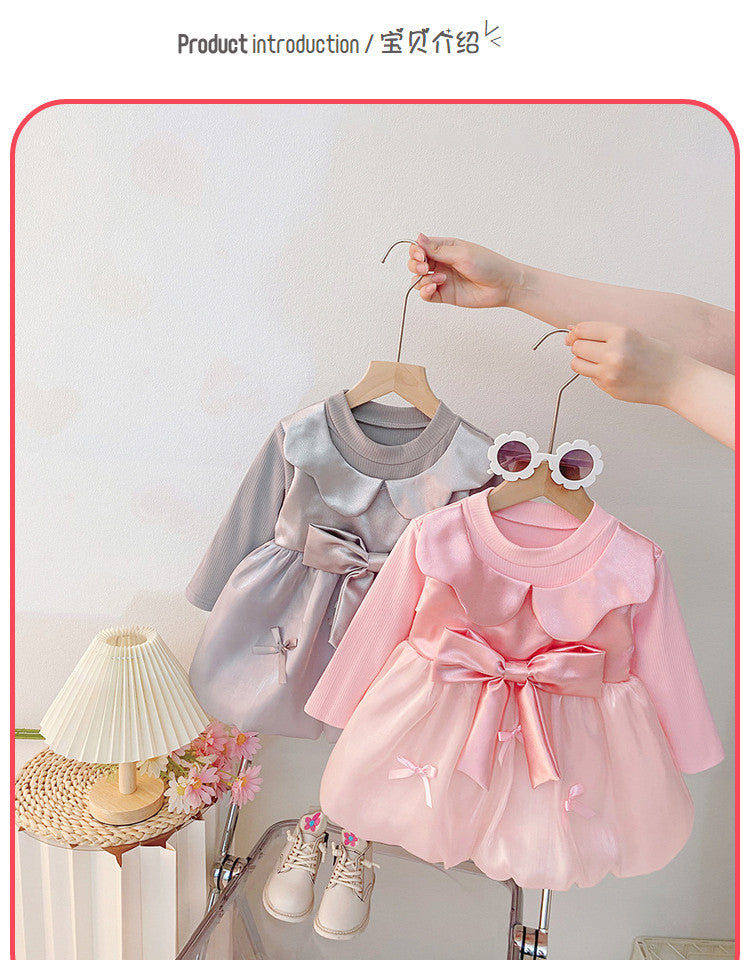 Girls' dress -  autumn korean style, trendy & chic, toddler & little girl, cute & fashionable, bowknot mesh party dress