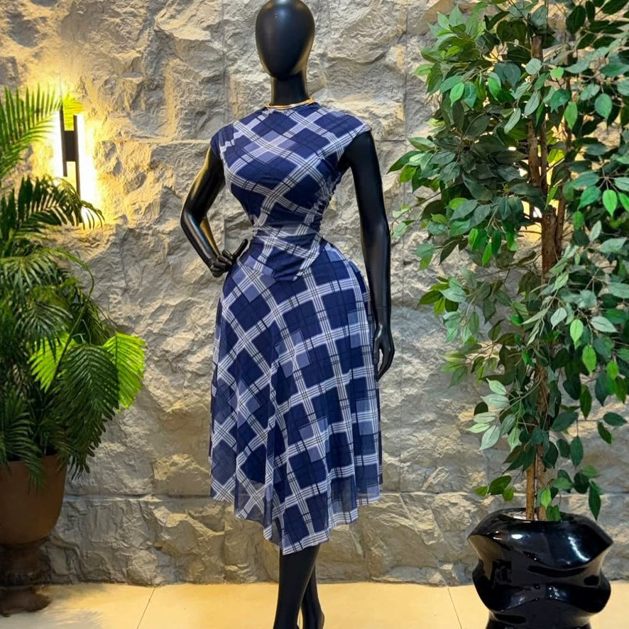 European and american cross-border women's fashion  summer new arrival: elegant retro round neck plaid top and asymmetrical midi skirt set