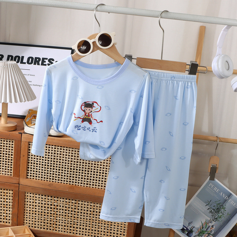 a type kids home clothes for boys and girls cartoon thin pajamas modal air-conditioning clothes openable short sleeves