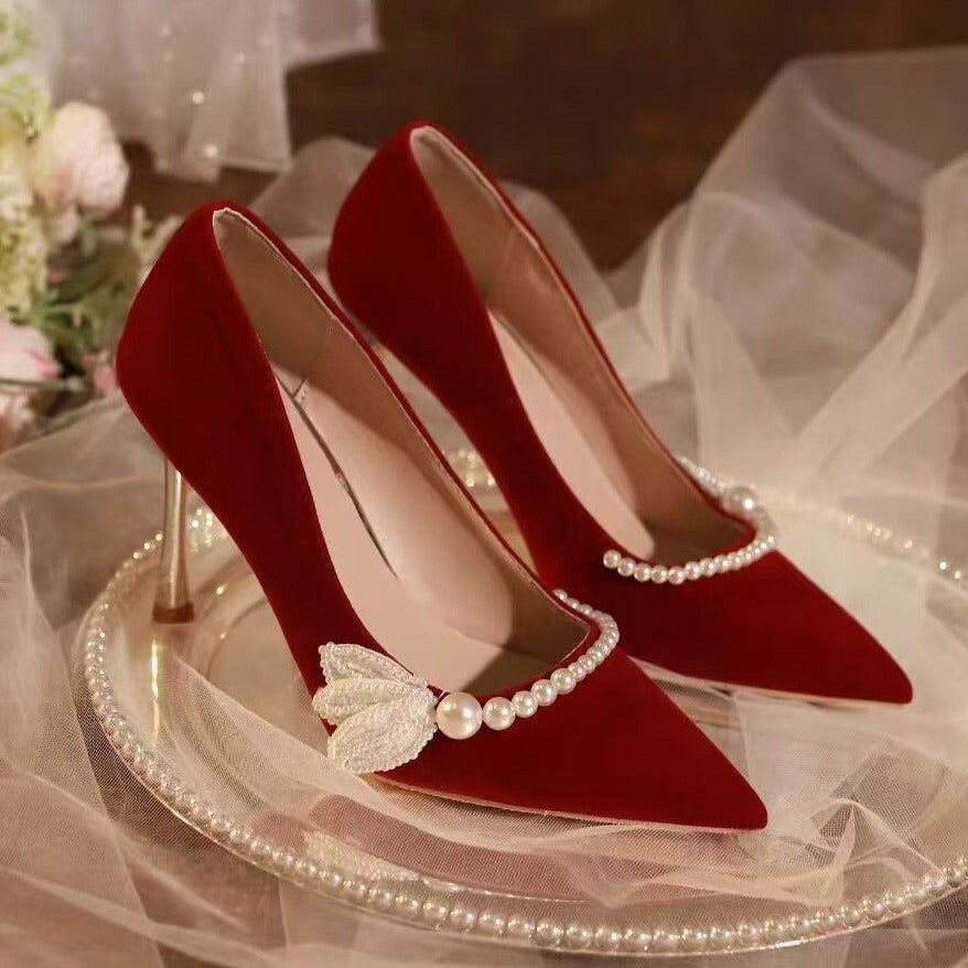 Pearl red wedding shoes! niche style elegant suede bridal xiuhe shoes engagement dinner with cheongsam bridesmaid high heels