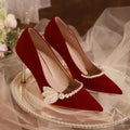 Pearl red wedding shoes! niche style elegant suede bridal xiuhe shoes engagement dinner with cheongsam bridesmaid high heels