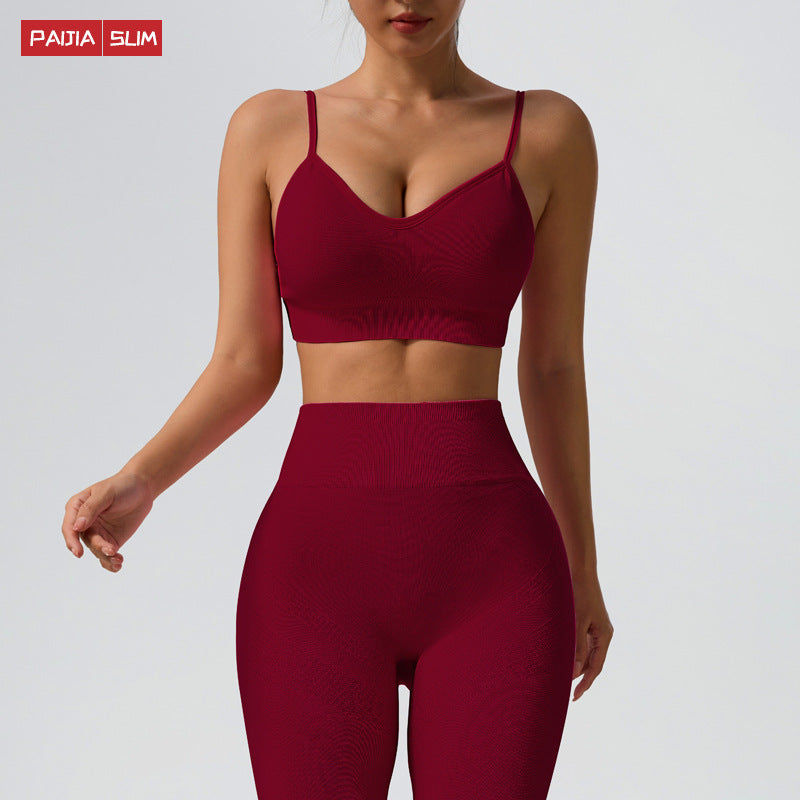 Seamless elastic yoga suit, autumn and winter peach hip trousers, sexy suspender bra, sports suit for women