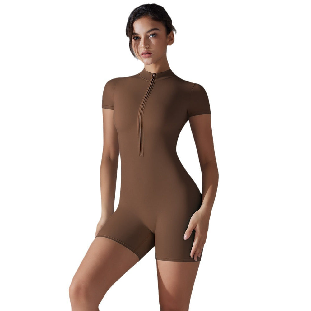 New european and american summer zip-up short sleeve shorts yoga jumpsuit women's dance fitness bodysuit