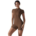 New european and american summer zip-up short sleeve shorts yoga jumpsuit women's dance fitness bodysuit