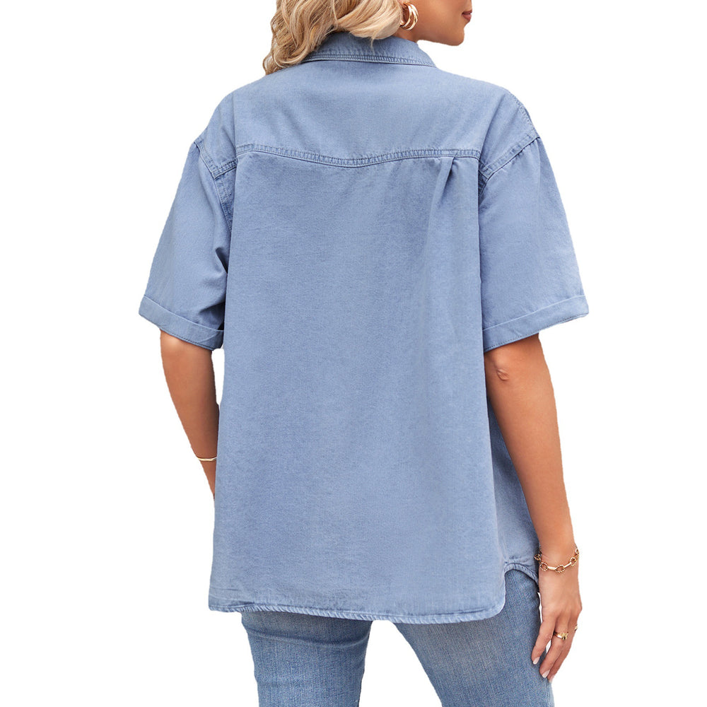 Fashion cross-border trade   independent station new arrival slimming look denim single-breasted short-sleeved casual shirt for women