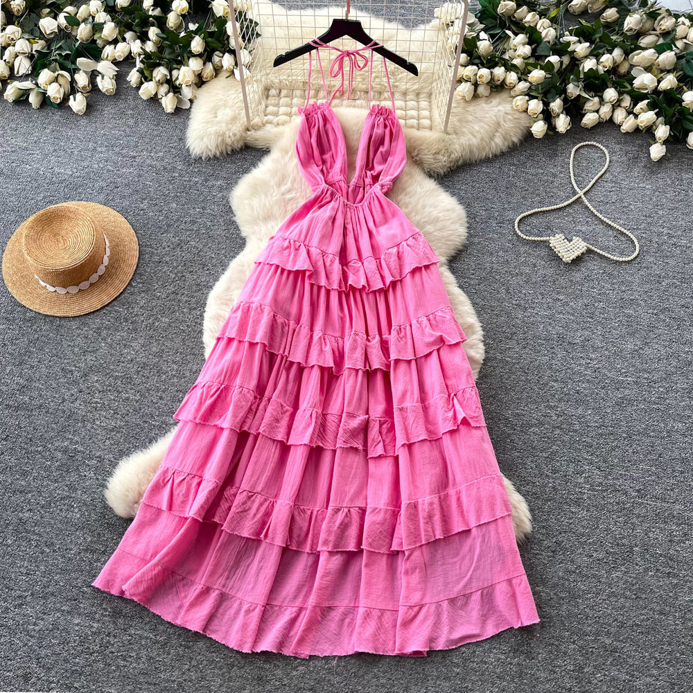 Luxury european and american style halter neck slip dress - women's summer deep v tie-waist exquisite high-end tiered maxi dress