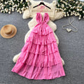 Luxury european and american style halter neck slip dress - women's summer deep v tie-waist exquisite high-end tiered maxi dress