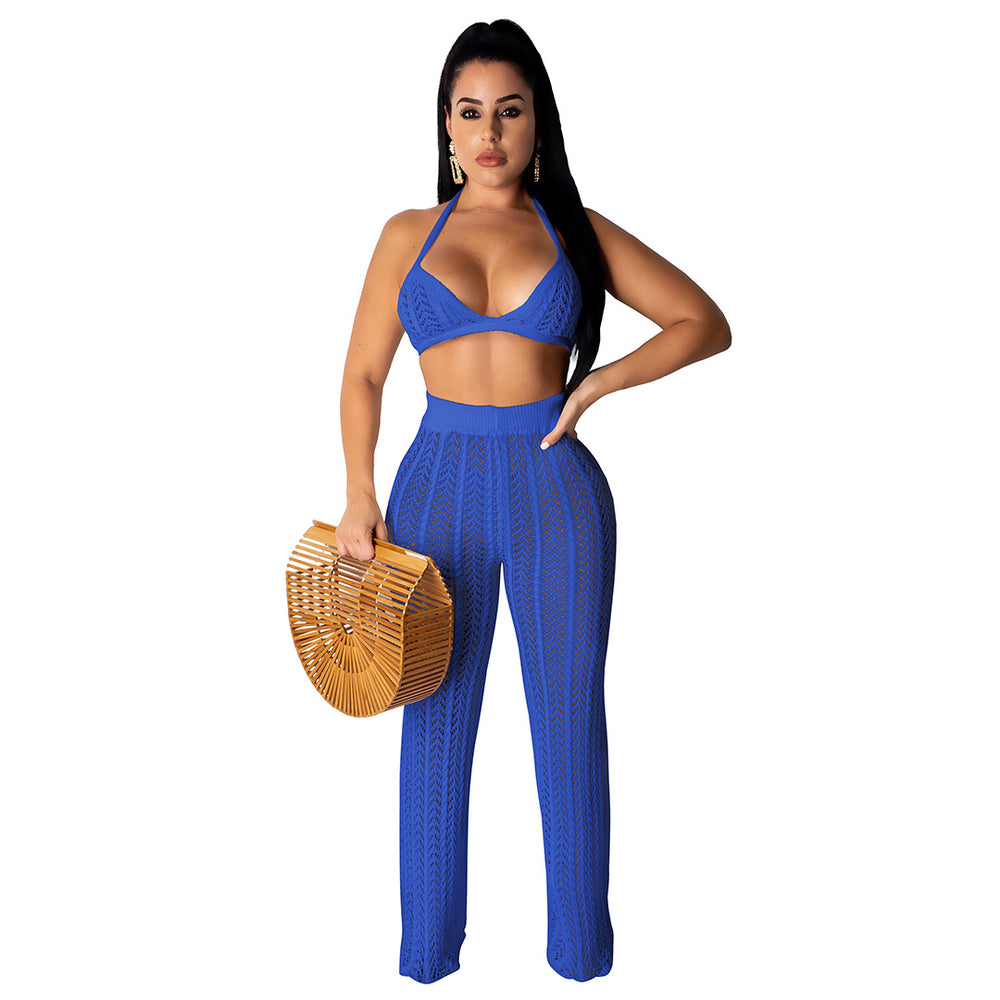 summer new european and american sexy women's fashion knitted mesh hollow-out see-through two-piece set - hot cross-border seller