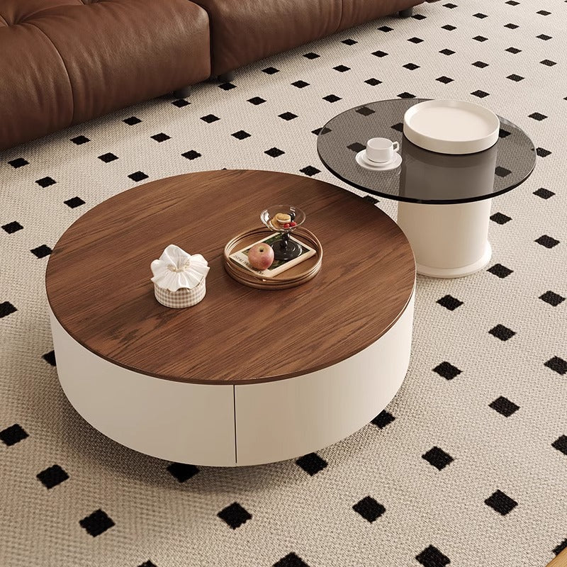 Minimalist mid-century modern round solid wood coffee table for home living room, light luxury small apartment, modern high-end creative combination