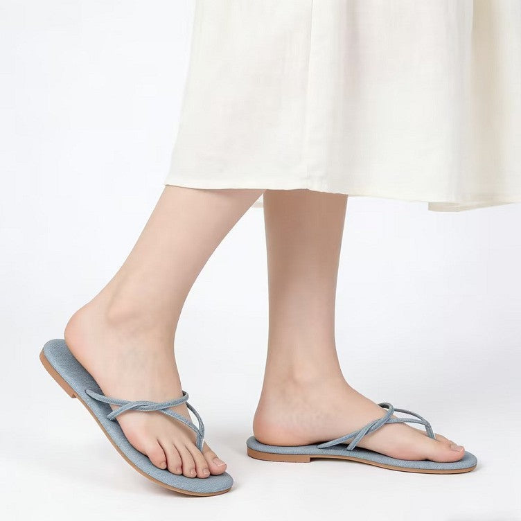 New summer denim slippers low heel flats flip flops women's home slippers wholesale sandals beach slippers