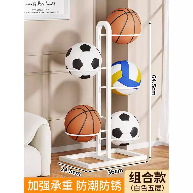 Basketball storage rack - home floor-standing foldable basketball hoop with soccer & volleyball storage - multi-tier sports ball organizer