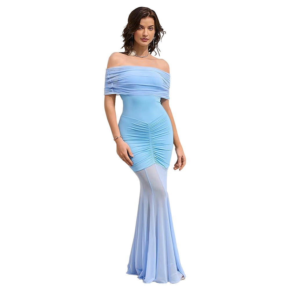 C7507 cross-border   fashion women's sexy off-the-shoulder mesh vacation dress