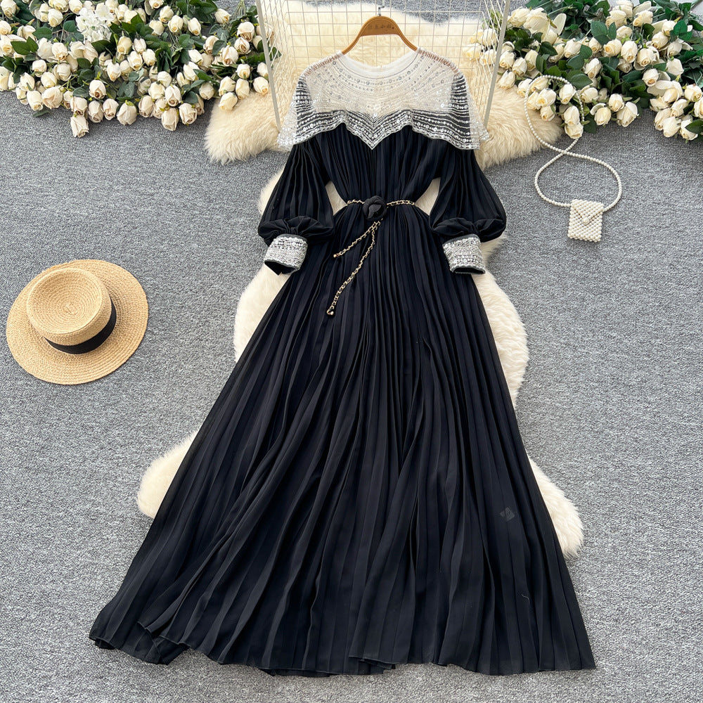 French-style heavy embroidery beaded sequin mesh patchwork lantern sleeve tie-waist pleated maxi dress - women's high-end long dress