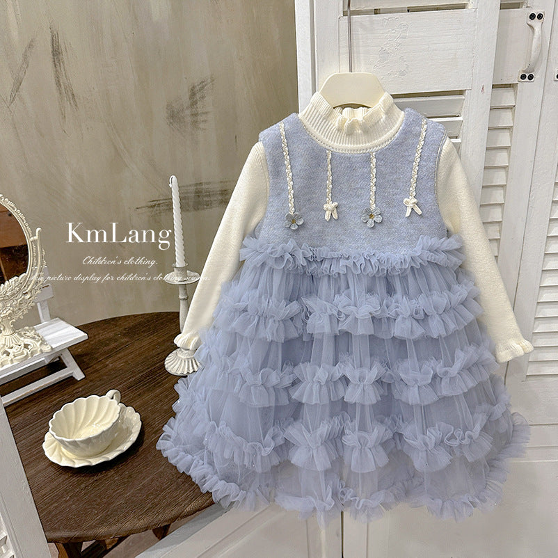 Girls' dress  autumn/winter collection: stylish fleece-lined vest dress with mesh tutu skirt - perfect for birthdays and first birthday celebrations