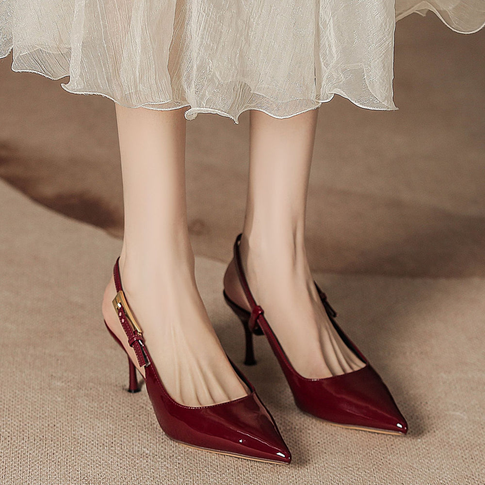 Burgundy high-heeled sandals for women, half-covered toe, open back, pointed toe, stiletto heel, small fragrant style shoes, women's fashion sandals