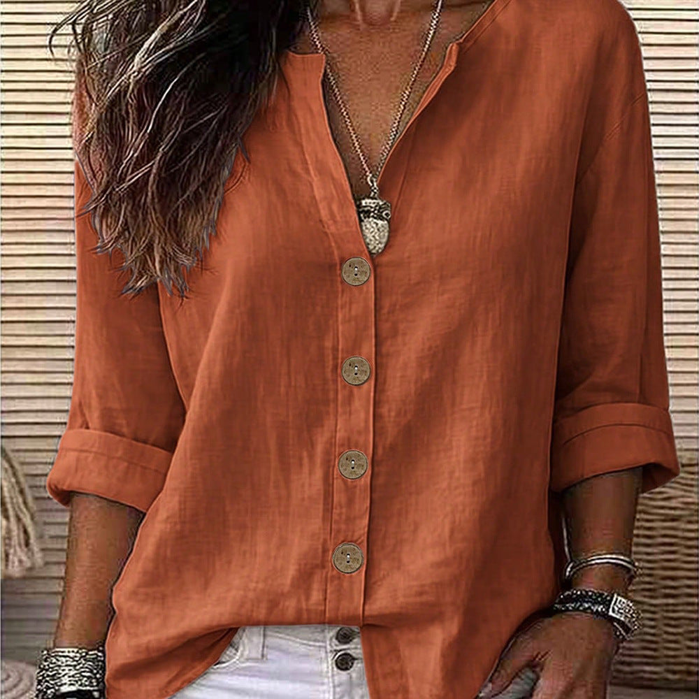 Exclusively for us & european cross-border e-commerce:  autumn beige cotton linen shirt - relaxed fit, v-neck, roll-up sleeves, mid-length top