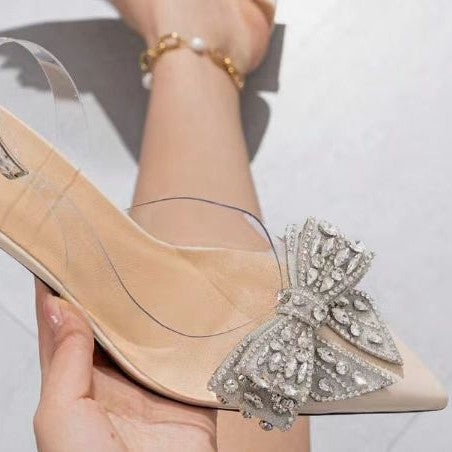 Low ankle cross-border sandals springnew arrival aliexpress sweetbows pointed toe transparent low heel rhinestone sandals