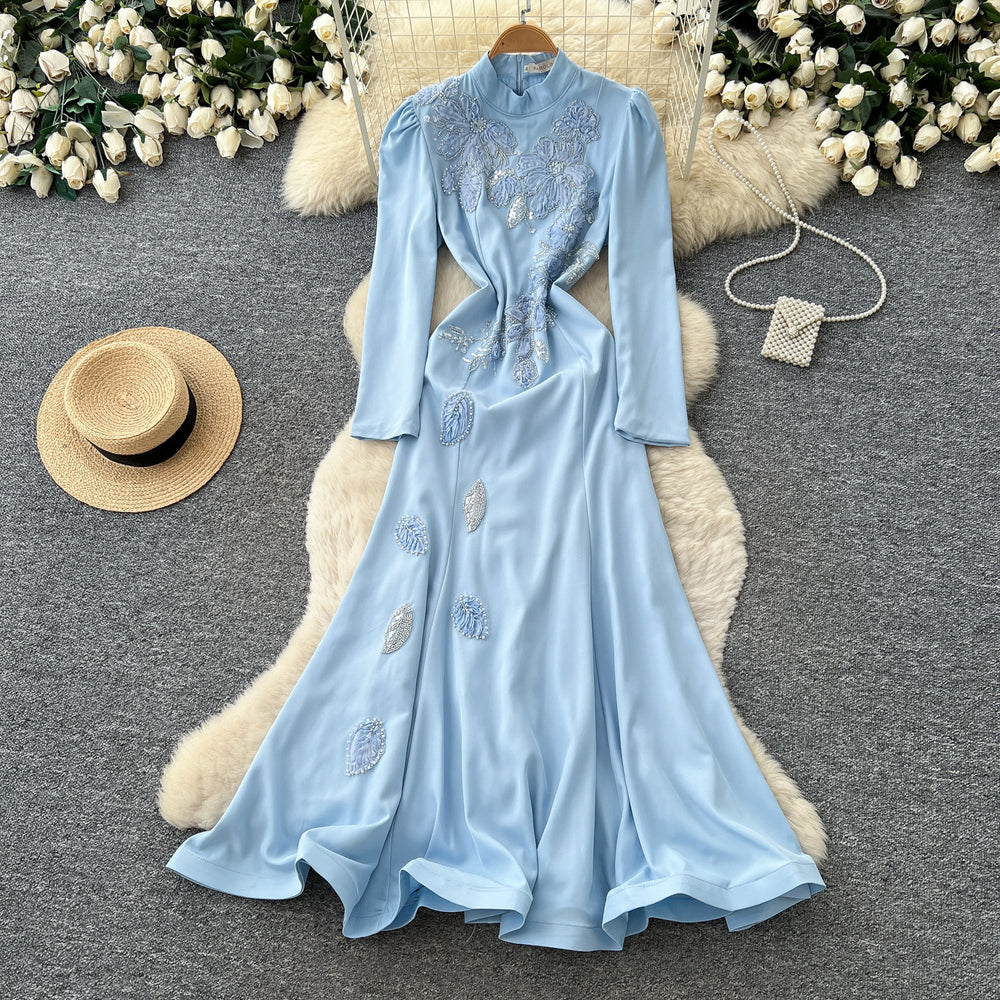 Luxury chic white lantern sleeve stand collar dress - women's  autumn embroidered slim-fit workwear maxi dress