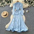 Luxury chic white lantern sleeve stand collar dress - women's  autumn embroidered slim-fit workwear maxi dress