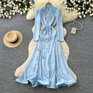 Luxury chic white lantern sleeve stand collar dress - women's  autumn embroidered slim-fit workwear maxi dress