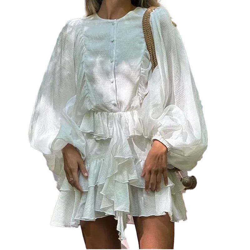 cross-border e-commerce european and american women's clothing: new summer collection - elegant solid color ruffle hem dress with cinched waist