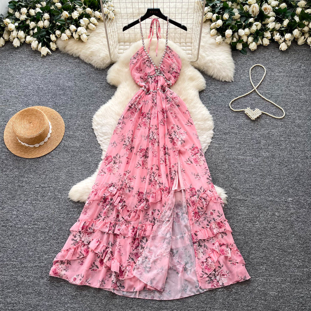French holiday style v neckhalter floral dress women's summer beaded asymmetrical waist slimming lookruffles long skirt