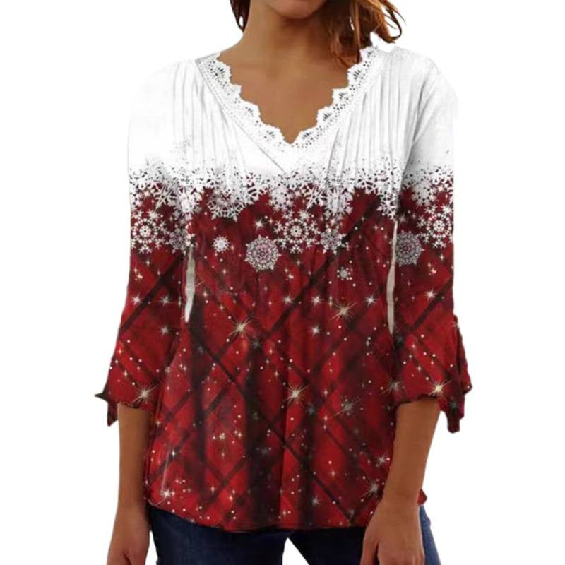 fall/winter new european and american style cross-border snowflake print plaid v-neck long sleeve top for women