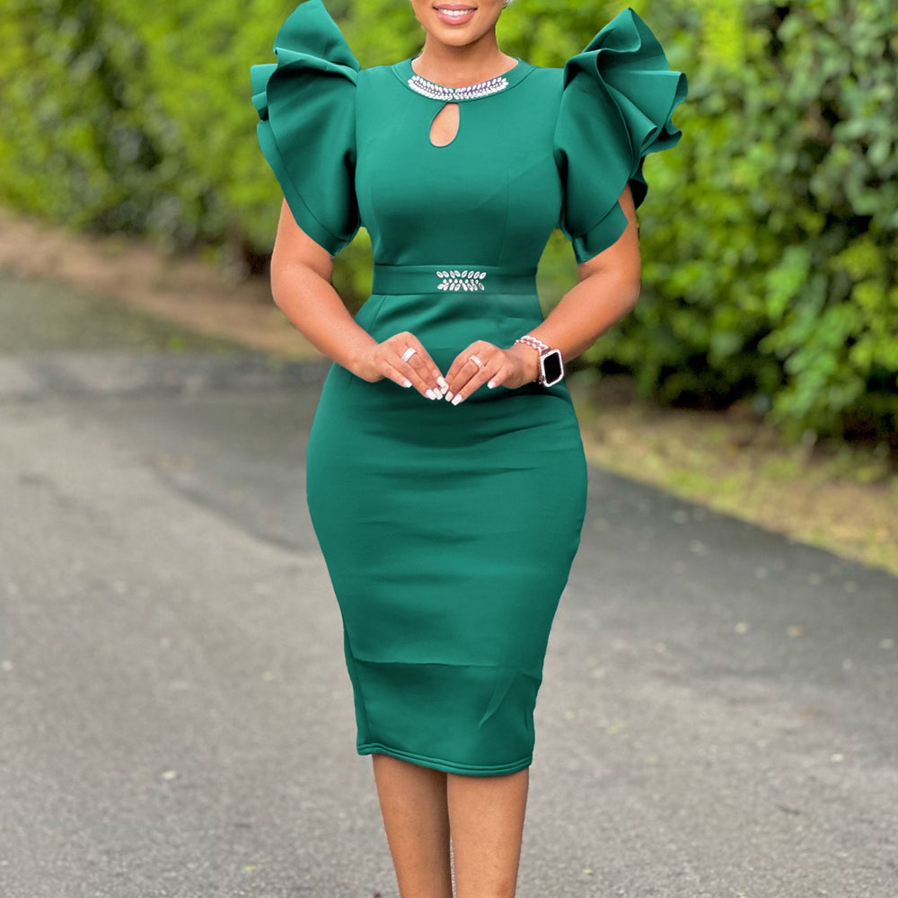 D580 european and american cross-border summer round neck lotus leaf sleeve studded hip-hugging dress party banquet cut out foreign trade dress