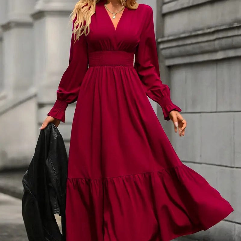 Shipped:  new european and american style women's elegant solid color v-neck long sleeve maxi dress