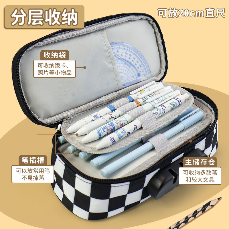 Customized pencil case large capacity Oxford cloth checkerboard combination lock stationery box   wholesale can print logo