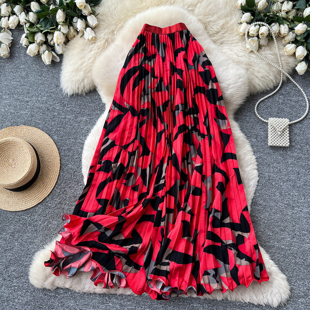 Export cross-border printing high waist a-line pleated skirt women's summerpleated skirt mid-length skirt work clothing holiday style