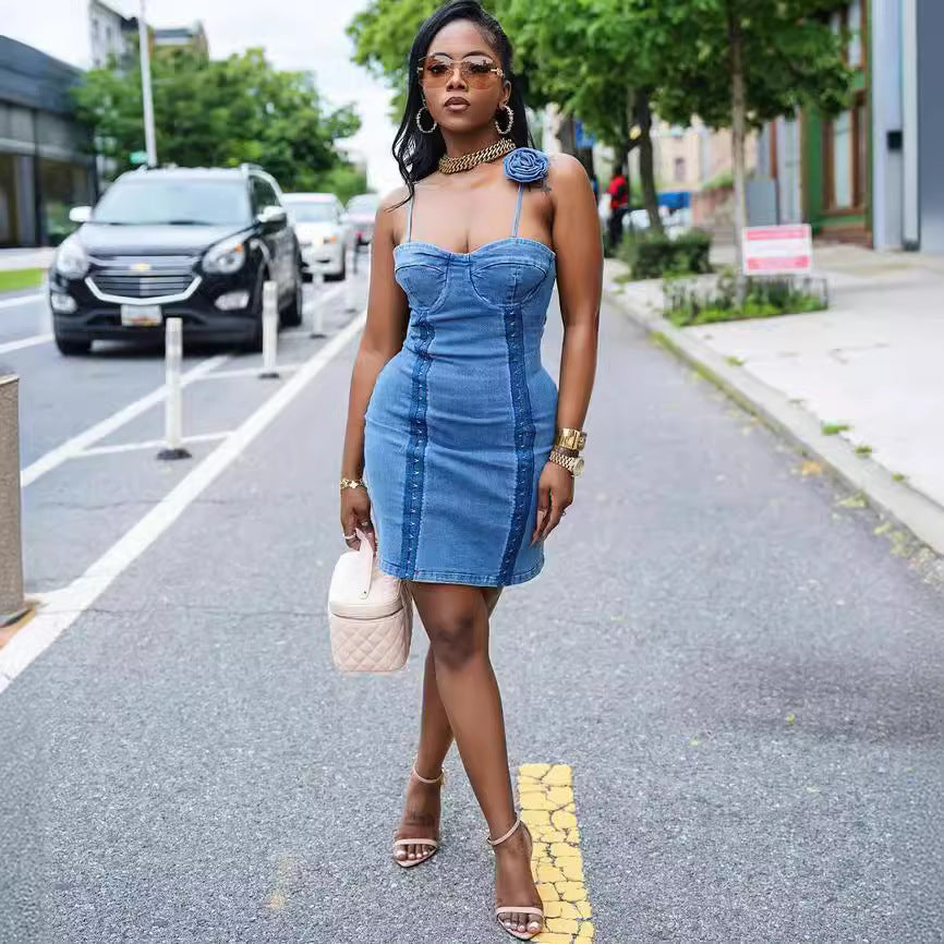 European and american style stretch denim skirt -  cross-border women's sexy 3d floral buckle suspender dress