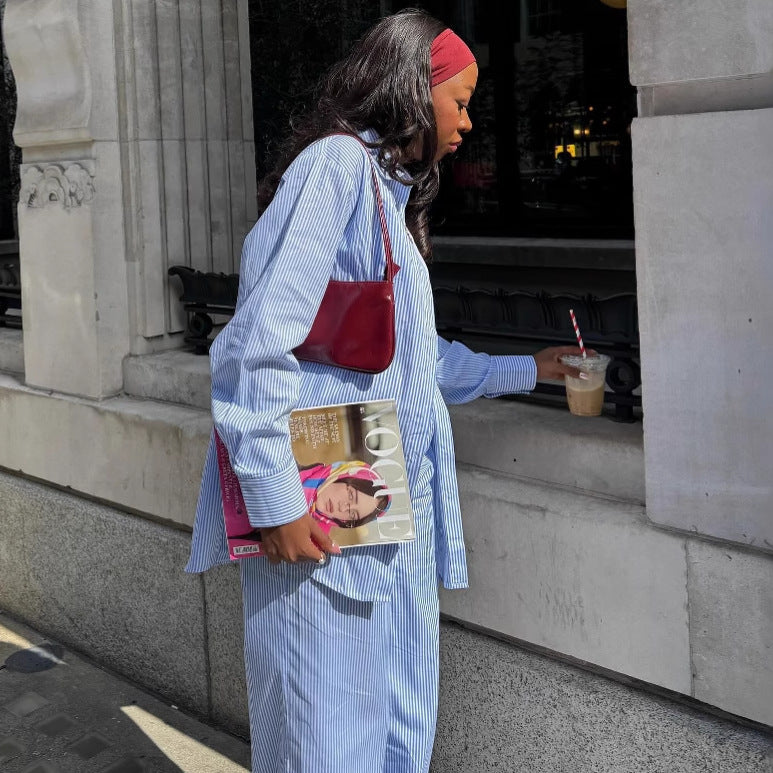 European and American large size casual long-sleeved cardigan striped shirt women's African style wide-leg trousers temperament versatile two-piece set