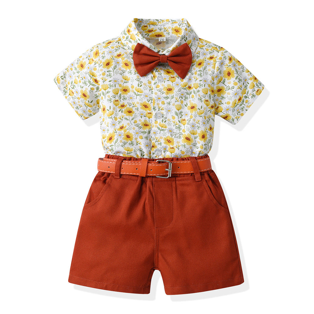 Sister and brother outfit, sister and brother outfit, family summer k-style male and female baby short-sleeved shirt, free belt, headband, shortssuit